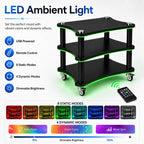 AV Media Stand with LED Lights, Audio Rack with USB Powered RGB Light Strip, Rolling Stereo Cabinet with Lockable Caster Wheels, 88 lbs Per Shelf, Printer/TV Stand for Small Spaces (black, 3-Tier)