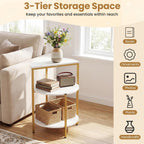 Giantex 3-Tier Round Side Table Set of 2, Wood Bedside Sofa End Table with Storage Shelves & Metal Frame, Modern Slim Night Stand for Bedroom Living Room Entryway Small Spaces, White & Gold