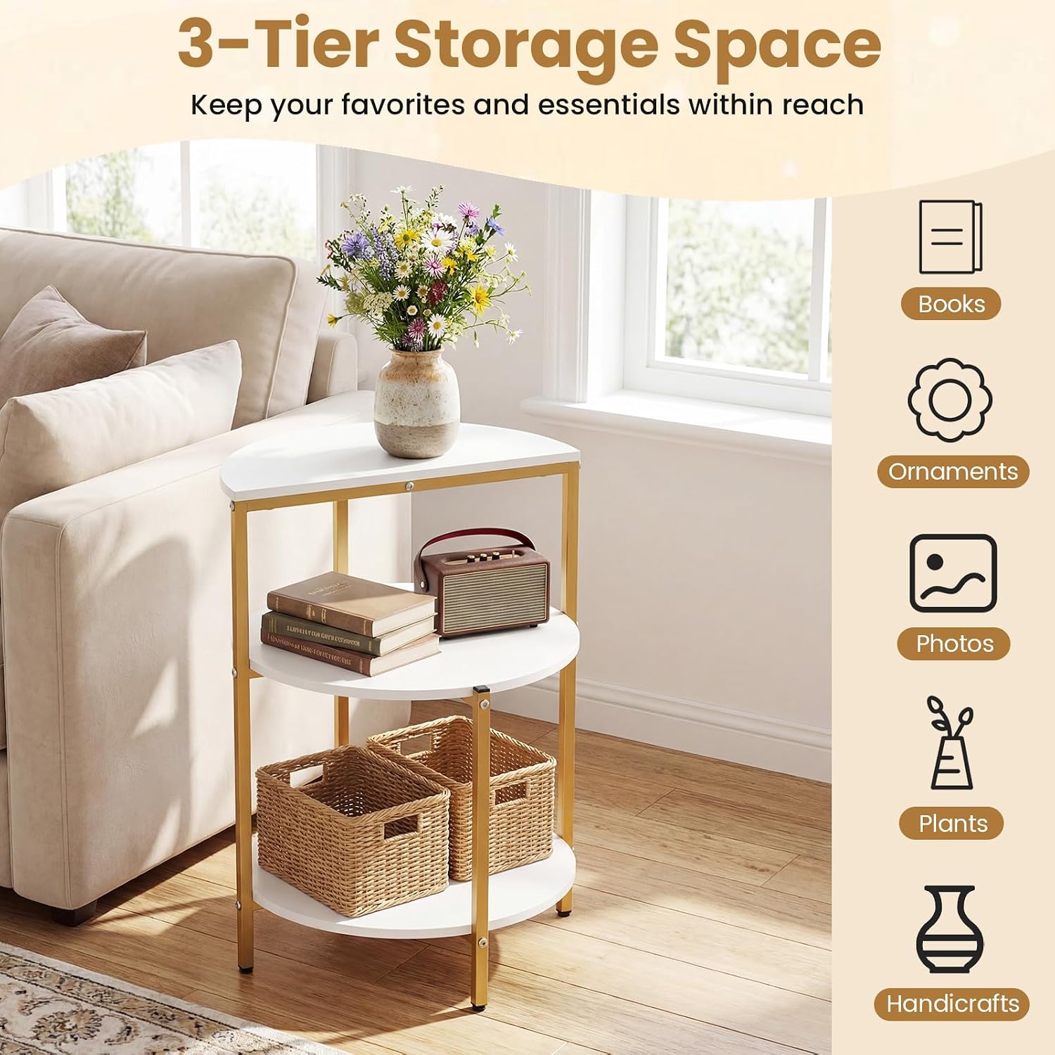 Giantex 3-Tier Round Side Table Set of 2, Wood Bedside Sofa End Table with Storage Shelves & Metal Frame, Modern Slim Night Stand for Bedroom Living Room Entryway Small Spaces, White & Gold