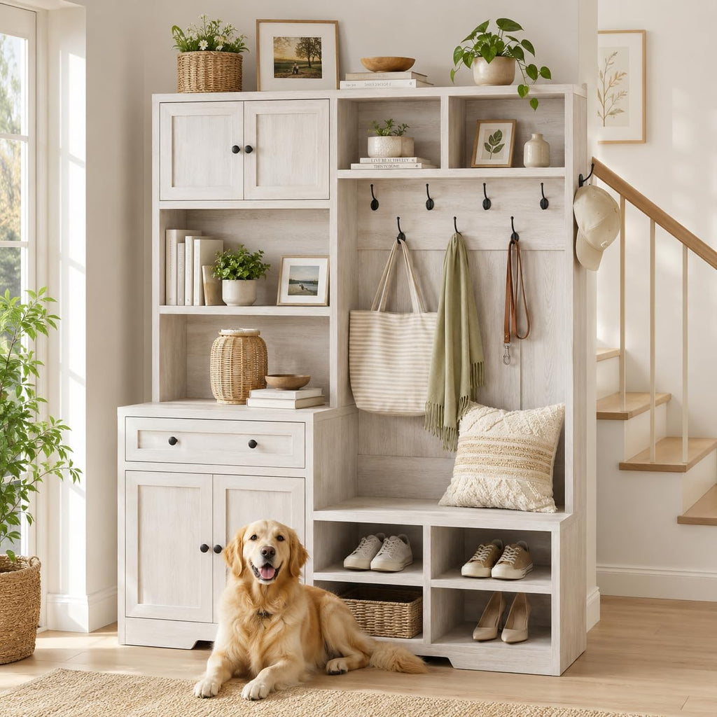 Einhomn 5-in-1 Hall Tree with Bench and Shoe Storage, 51" W Entryway Organizer Coat Rack with 9 Hooks, 2 Storage Cabinets, Drawer, Open Cubbies for Mudroom, Hallway, Living Room, Rustic White