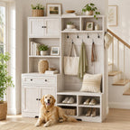 Einhomn 5-in-1 Hall Tree with Bench and Shoe Storage, 51" W Entryway Organizer Coat Rack with 9 Hooks, 2 Storage Cabinets, Drawer, Open Cubbies for Mudroom, Hallway, Living Room, Rustic White