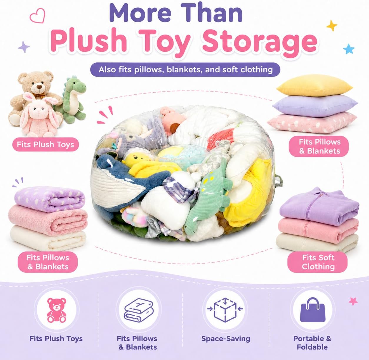 Clear Stuffed Animal Storage Bean Bag Chair Cover for Kids with Zipper | Transparent Waterparoof, Wipe Clean Thicker PVC, Holds 50+ Stuffed Animals, Double Zipper for Plush Toys Storage & Organizing