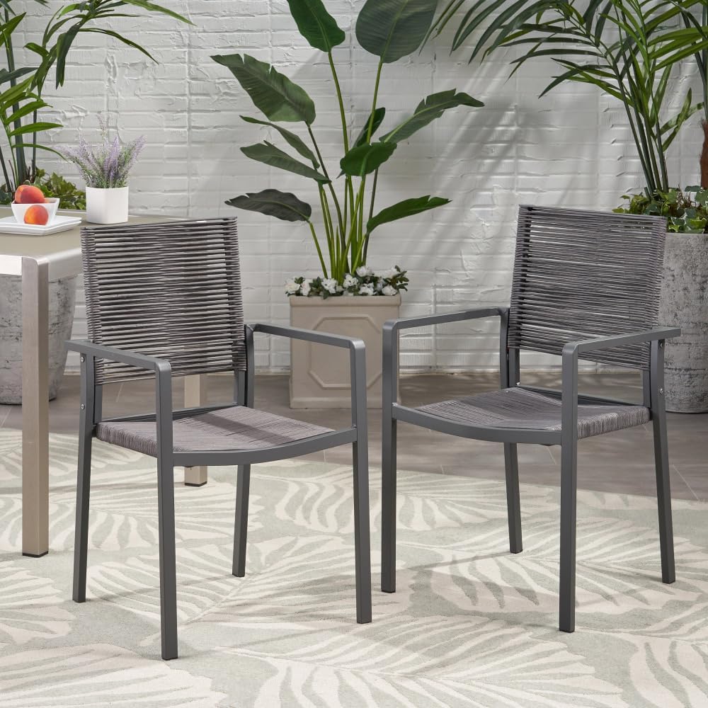 Saiveina Outdoor Modern Aluminum Dining Chair with Rope Seat (Set of 2), Gray and Dark Gray