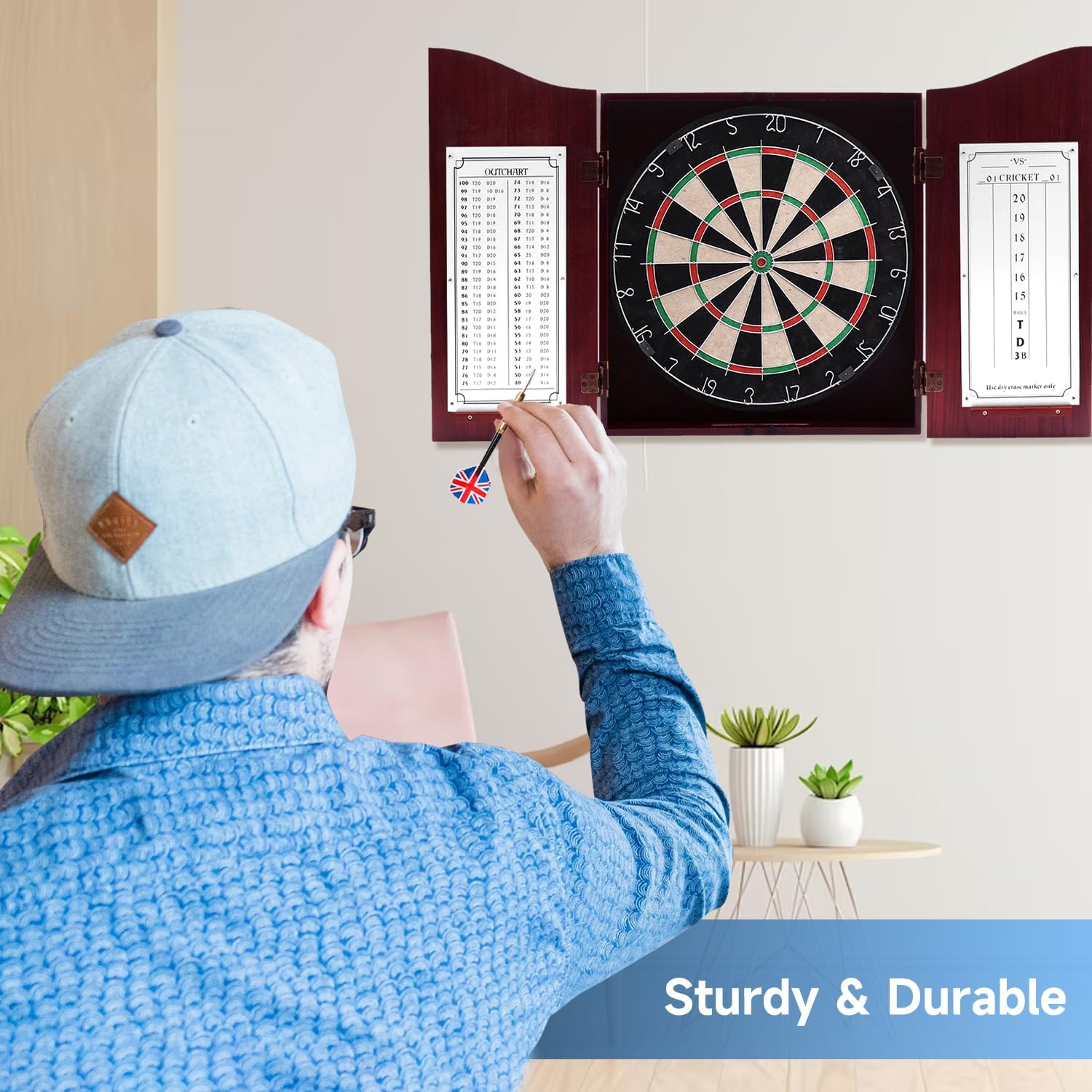GSE Pro Solid Wood Classic Dartboard Cabinet Set, Deluxe Cherry | 18" Self-Healing Sisal/Bristle Dartboard, Scoreboard & 6 Steel Tip Darts, Complete with All Accessories, 3.5"D x 22"W x 25"H