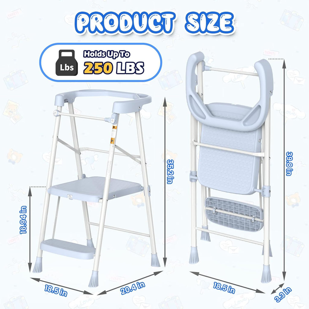 HBTower Kids 2 Steps Step Stool,Toddler Tower for Kitchen Counter Learning,Toddler Kitchen Stool Helper with Anti-Drop Safty Railing Kids Standing Folding Stepper(Blue)
