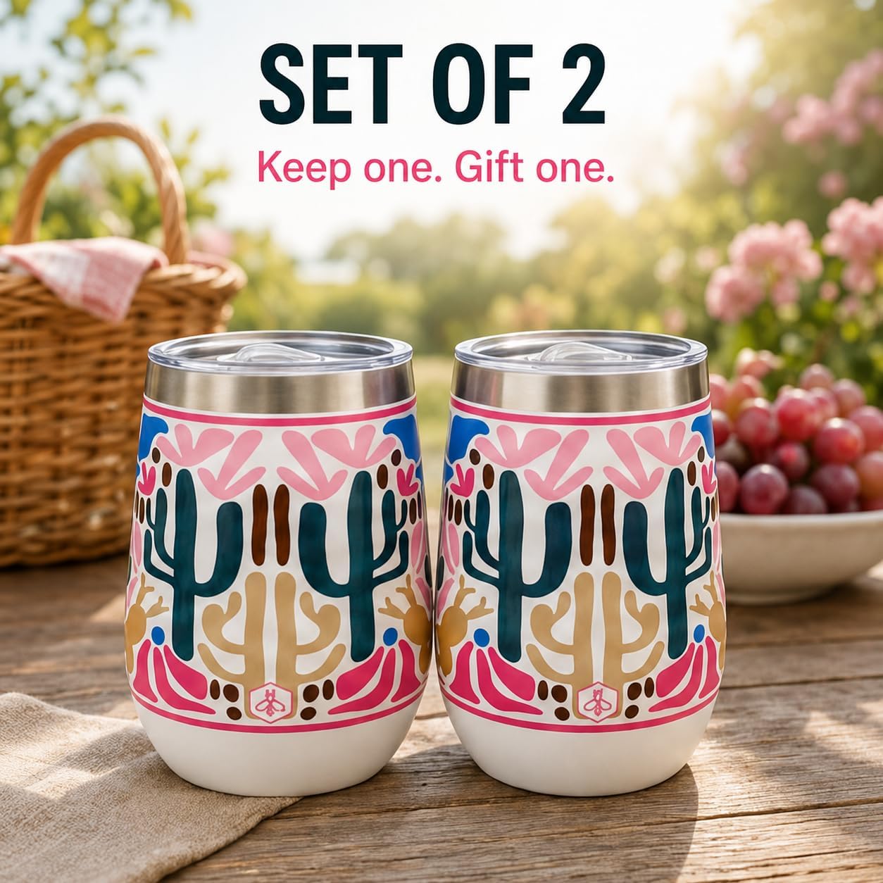 Biddlebee 12 Oz Stemless Wine Tumblers with Lids, 2-Pack – Insulated Stainless Steel Wine Tumbler Gift Set for Women – Double Wall Cups Keep Drinks Hot or Cold for Hours