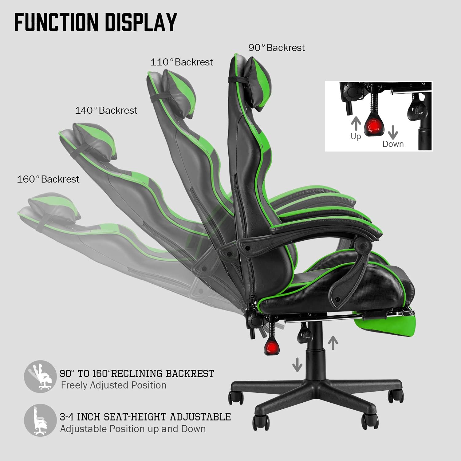 Huracan Gaming Computer Chair with Footrest, Adjustable Video Game Chairs for Adults, Heavy Duty Office Chair with Headrest and Lumbar Support, Green