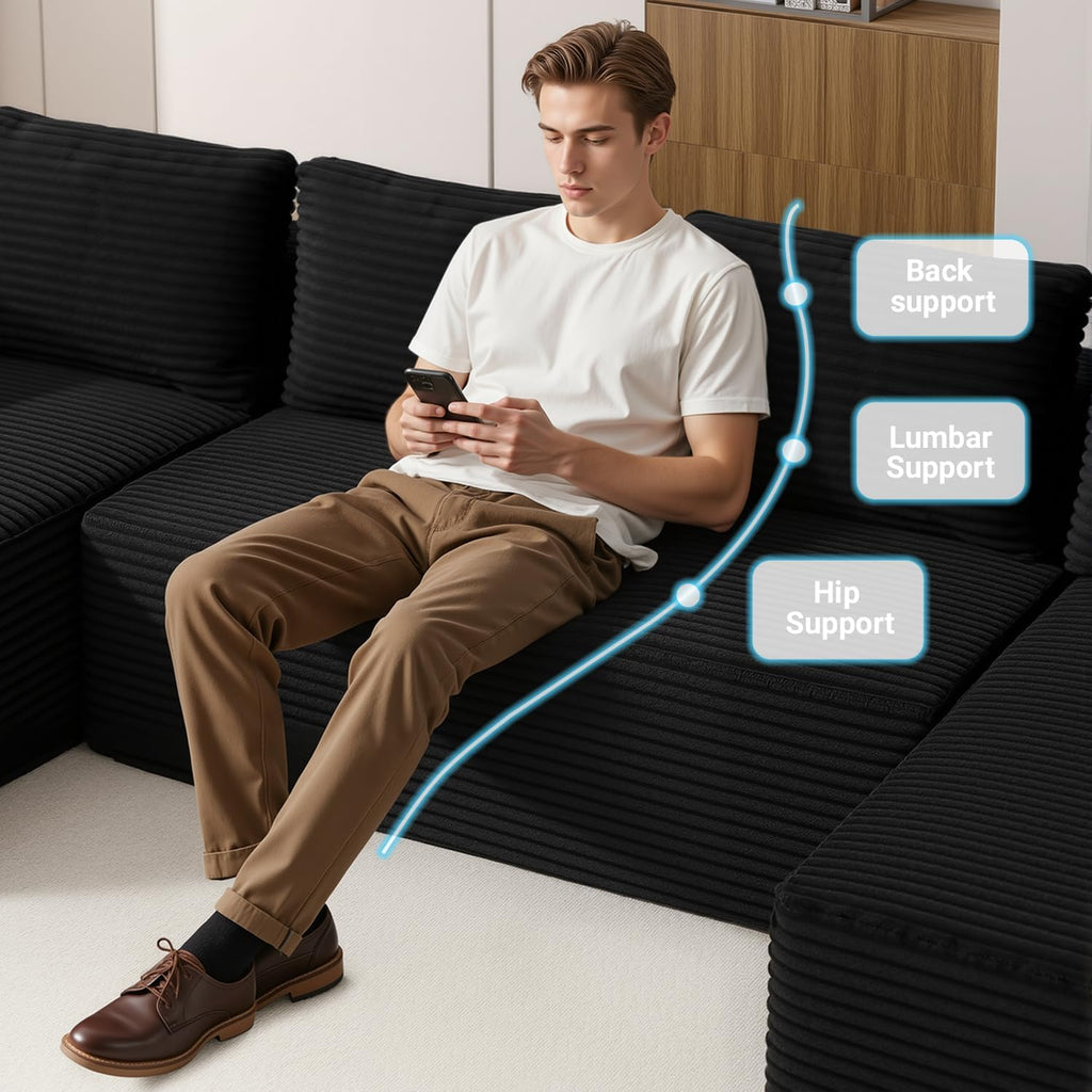 ivoros 125" Cloud Couch Sectional, Modular Sofa with Cup Holder and Storage Pocket, Corduroy U Shaped Boneless Sofas, Couch in a Box, No Assembly Required, Black Couches for Living Room