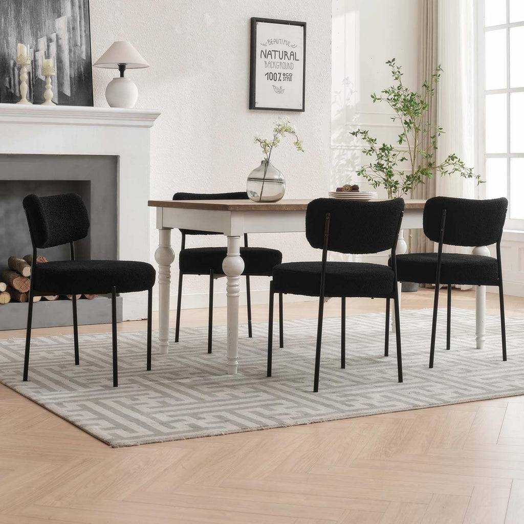 Boucle Dining Chairs Set of 4, White Mid Century Modern Kitchen Dining Room Chairs with Curved Backrest and Metal Frame, Round Upholstered Dining Chairs for Kitchen, Living Room