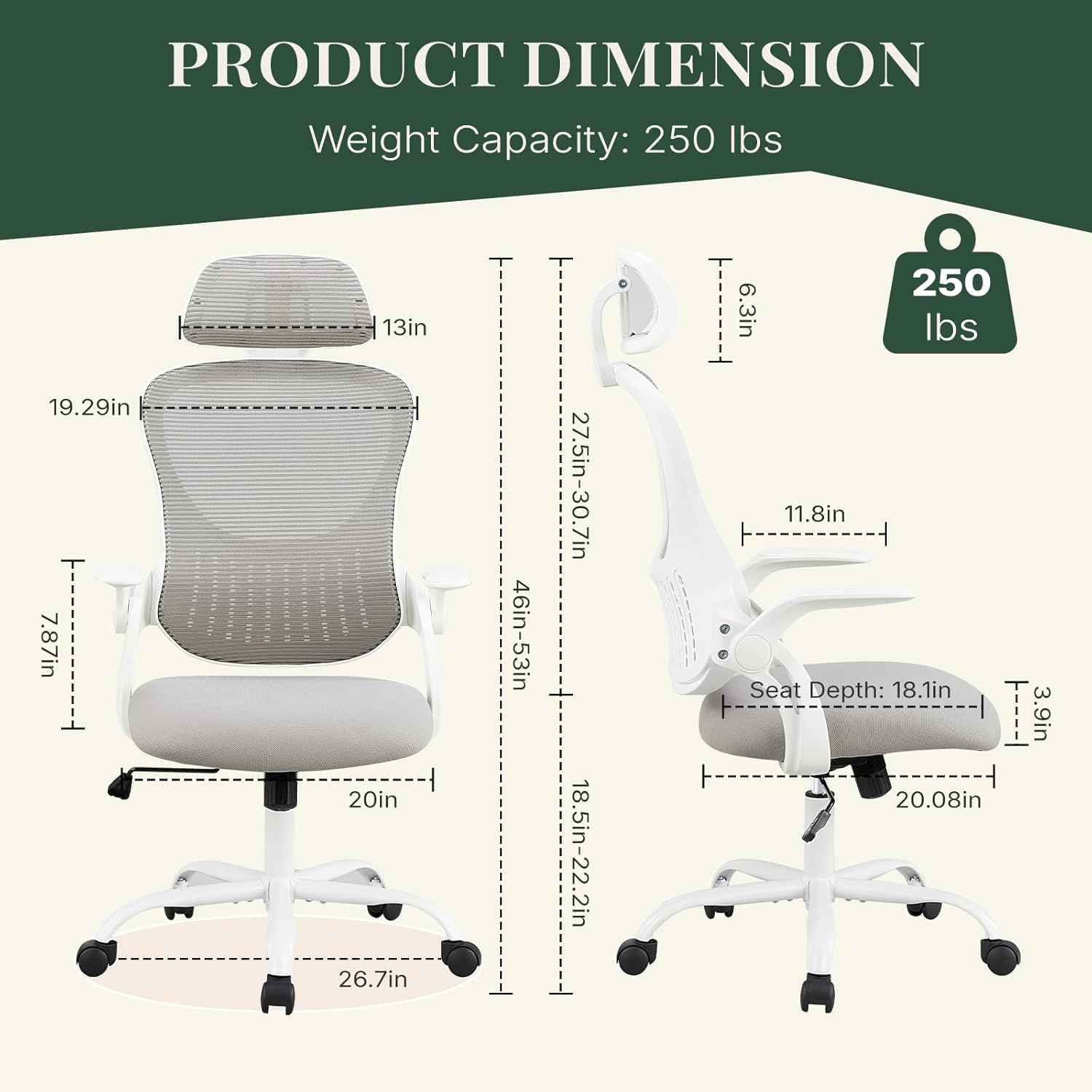 Ergonomic Office Chair, Comfy Desk Chair with Wheels, Adjustable Headrests, Flip-Up Armrests, Breathable Mesh High-Back, Comfortable Swivel Seating for Home Computer, Grey