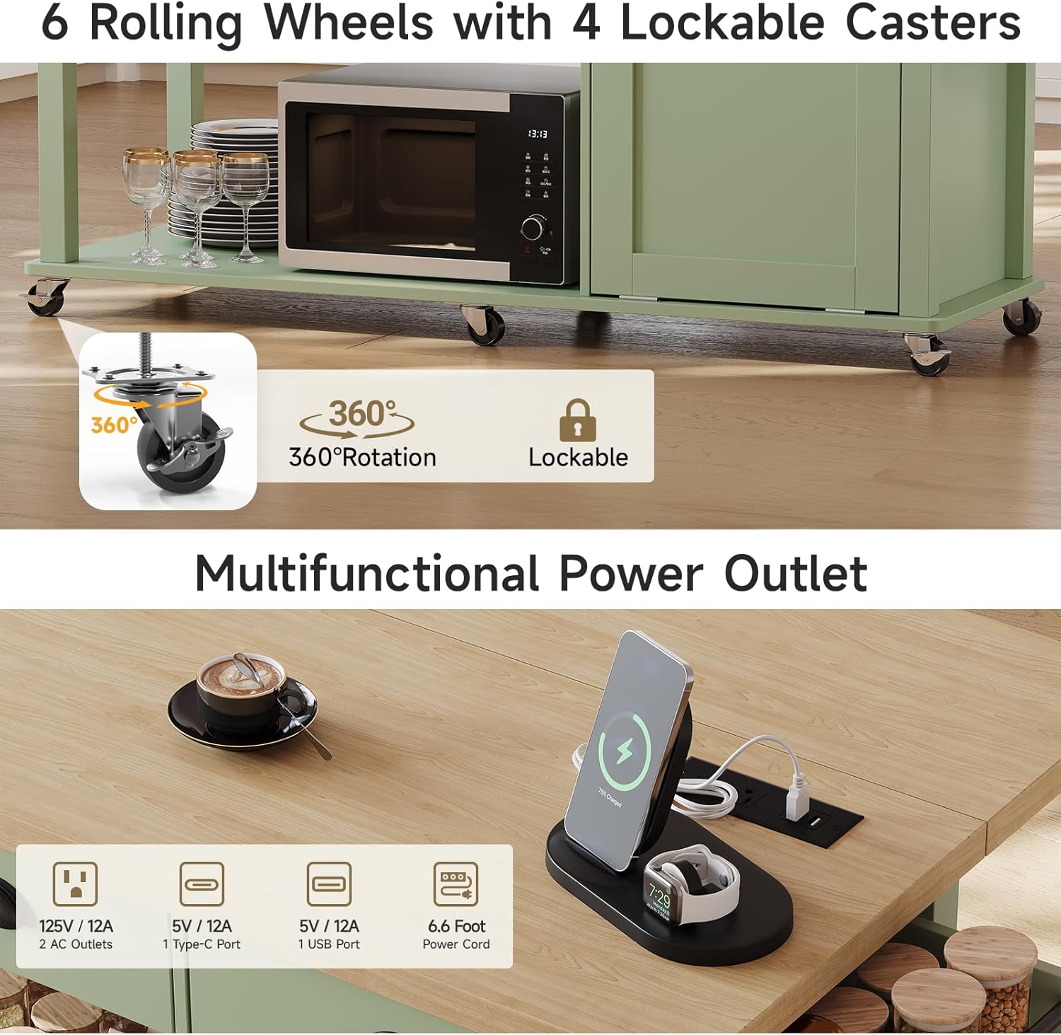 ONBRILL 56" Kitchen Island with Drop Leaf, Rolling Kitchen Cart with Trash Cabinet, Power Outlet, 2-Tier Open Shelves, 3 Drawers, Spice & Paper Towel Racks, 6 Wheels (4 Locking) for Dining Room, Green
