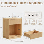 Fluted Nightstands Set of 2, Night Stand with Charging Station, Modern Bed Side Table with Drawer and Storage Shelf, Wood Mid Century End Table for Bedroom Living Room (Oak)