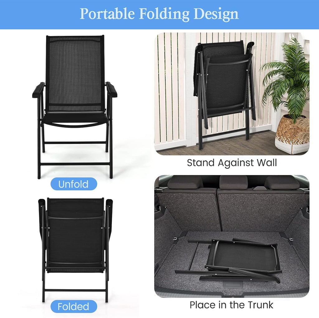 Tangkula Set of 6 Patio Folding Chairs, Outdoor Fabric Dining Chairs with High Back & Armrests, Sturdy Metal Frame for Patio Lawn Garden (Black)