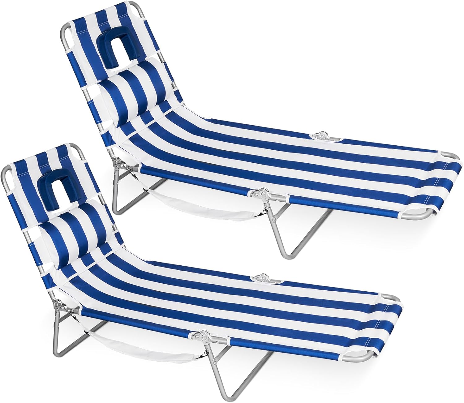 Romswi 2PK Folding Tanning Beach Chair with Face Hole, 5-Position Reclining Sun Lounger, Portable Face Down Tanning Chair with Arm Holes & Side Pocket for Beach, Pool, Patio, Navy and White Stripe