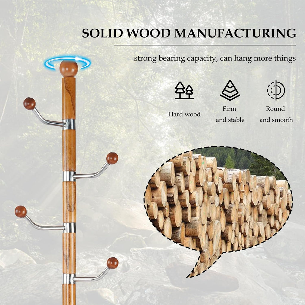 Wood Coat Rack Freestanding, Natural Coats Tree Stand with 14 Hooks, 73" Sturdy and Easy Assembly Coat Rack Stand for Entryway, Hallway, Bedroom, Bags, Hats (Metal Disc Base, Walnut Swivel Hook)