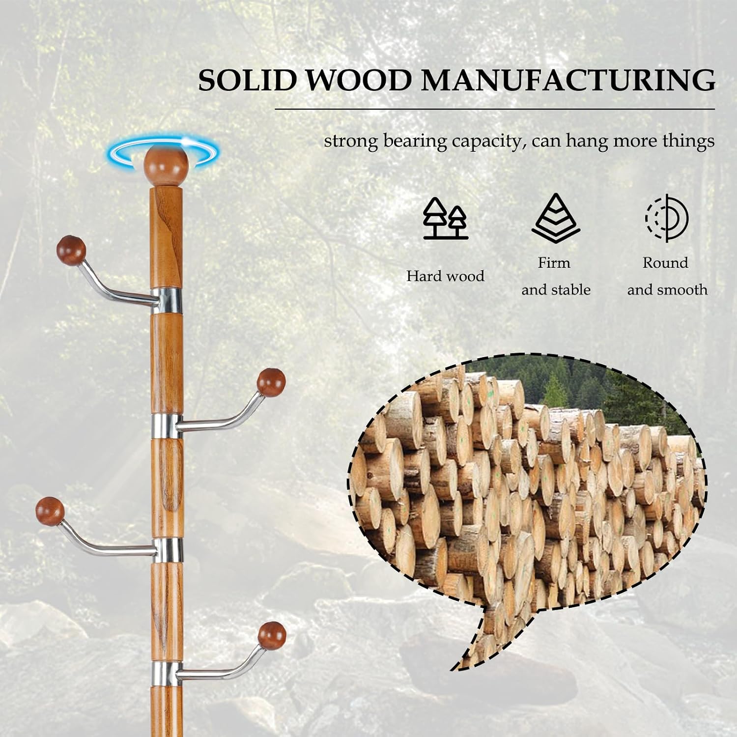 Wood Coat Rack Freestanding, Natural Coats Tree Stand with 14 Hooks, 73" Sturdy and Easy Assembly Coat Rack Stand for Entryway, Hallway, Bedroom, Bags, Hats (Metal Disc Base, Walnut Swivel Hook)