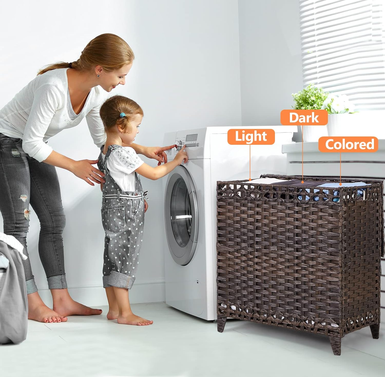 Laundry Hamper with 3 Removable Liner Bags; 132L Handwoven Rattan Laundry Basket with Lid & Heightened Feet; Clothes Hamper with Side Handles; Laundry Sorter with 3 Separate Sections