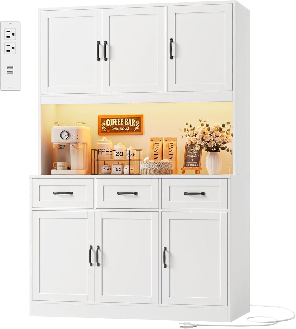 HOSTACK 72" Tall Kitchen Pantry Cabinet with Charging Station | LED Lights, 47" W Kitchen Pantry Storage Cabinet with Countertop, Modern Kitchens Hutch Cabinets with Storage for Dining Room, White