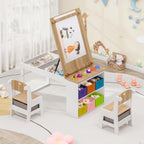 Befrases Kids Art Table and Chairs, Toddler Craft Table and 2 Chairs Set with Roll Paper, Large Activity Desk with 6 Colorful Paint Cups & Storage for Drawing, Learning and Reading