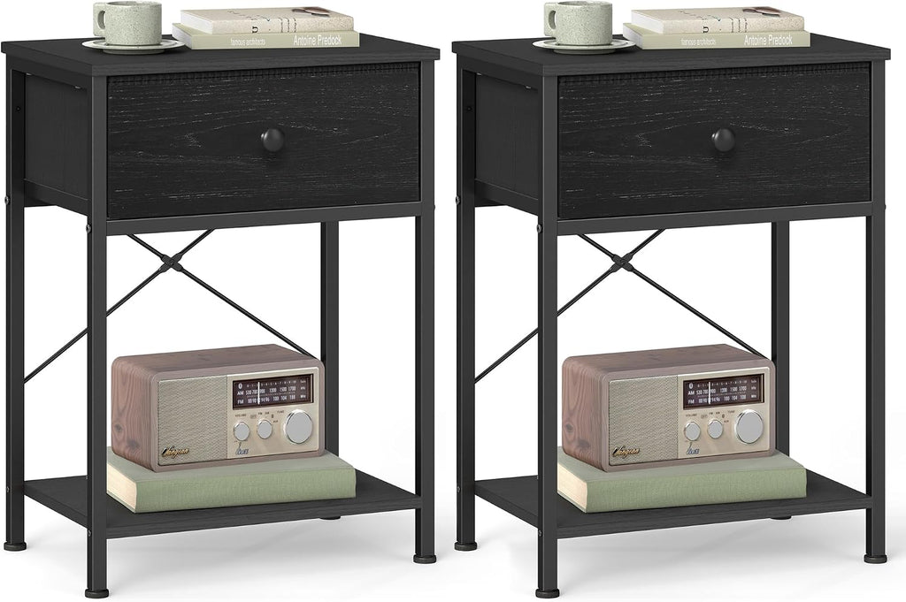 SONGMICS Bedside Table, Side Table with Drawer, Nightstand with Lower Shelf, for Bedroom, Living Room, 11.8 x 15.6 x 23.8 inches, Set of 2, Ebony Black, BELLAH Collection ULGS111B201S