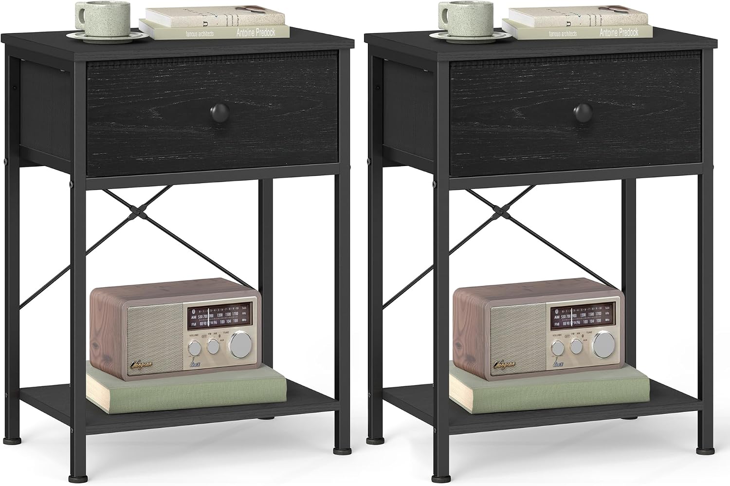 SONGMICS Bedside Table, Side Table with Drawer, Nightstand with Lower Shelf, for Bedroom, Living Room, 11.8 x 15.6 x 23.8 inches, Set of 2, Ebony Black, BELLAH Collection ULGS111B201S