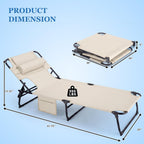 3-in-1 Sun Tanning Chair with Face Holes, Folding Chaise Lounge Chairs, 5-Position Adjustable Lounge Chair Outdoor with 2 Side Pocket & Pillow, for Pool Beach, Patio, Camping, Beige