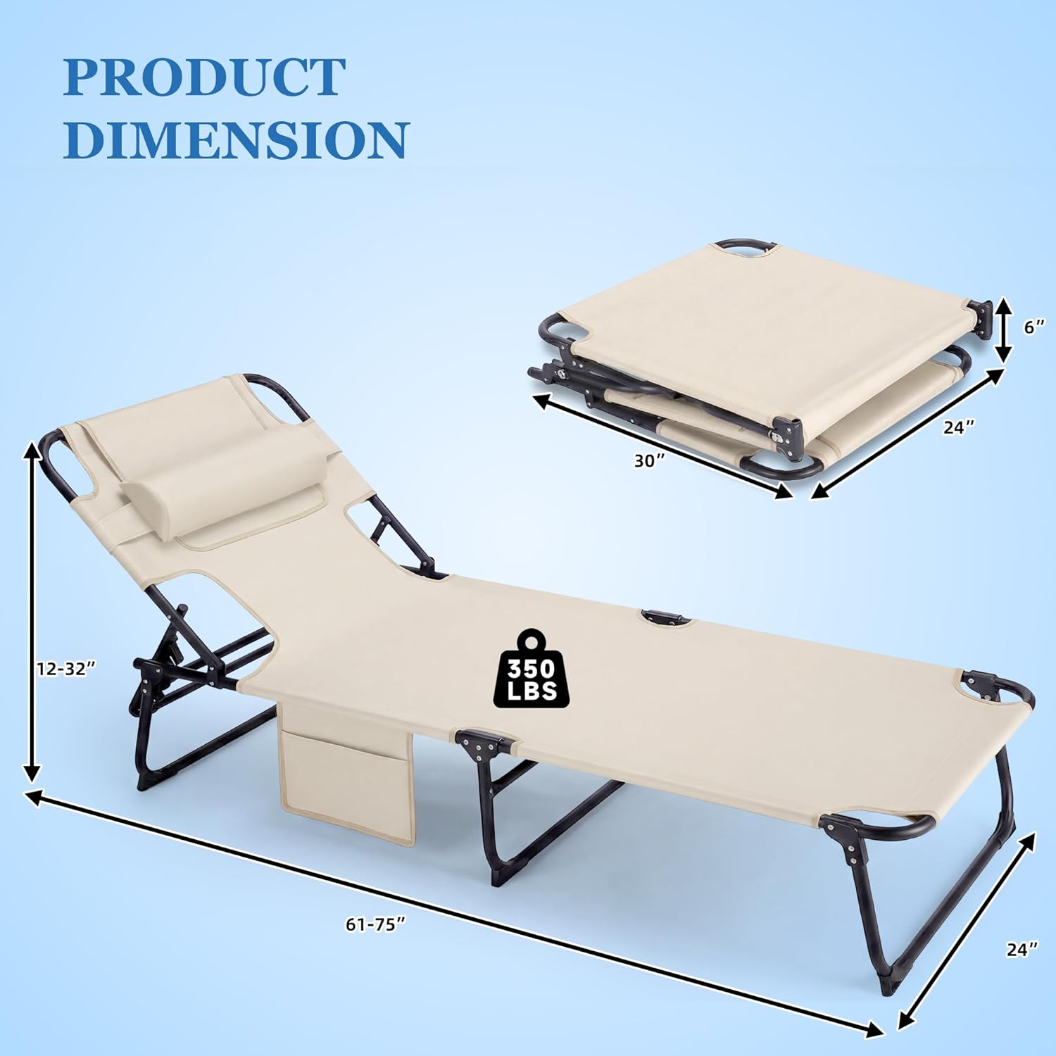 3-in-1 Sun Tanning Chair with Face Holes, Folding Chaise Lounge Chairs, 5-Position Adjustable Lounge Chair Outdoor with 2 Side Pocket & Pillow, for Pool Beach, Patio, Camping, Beige