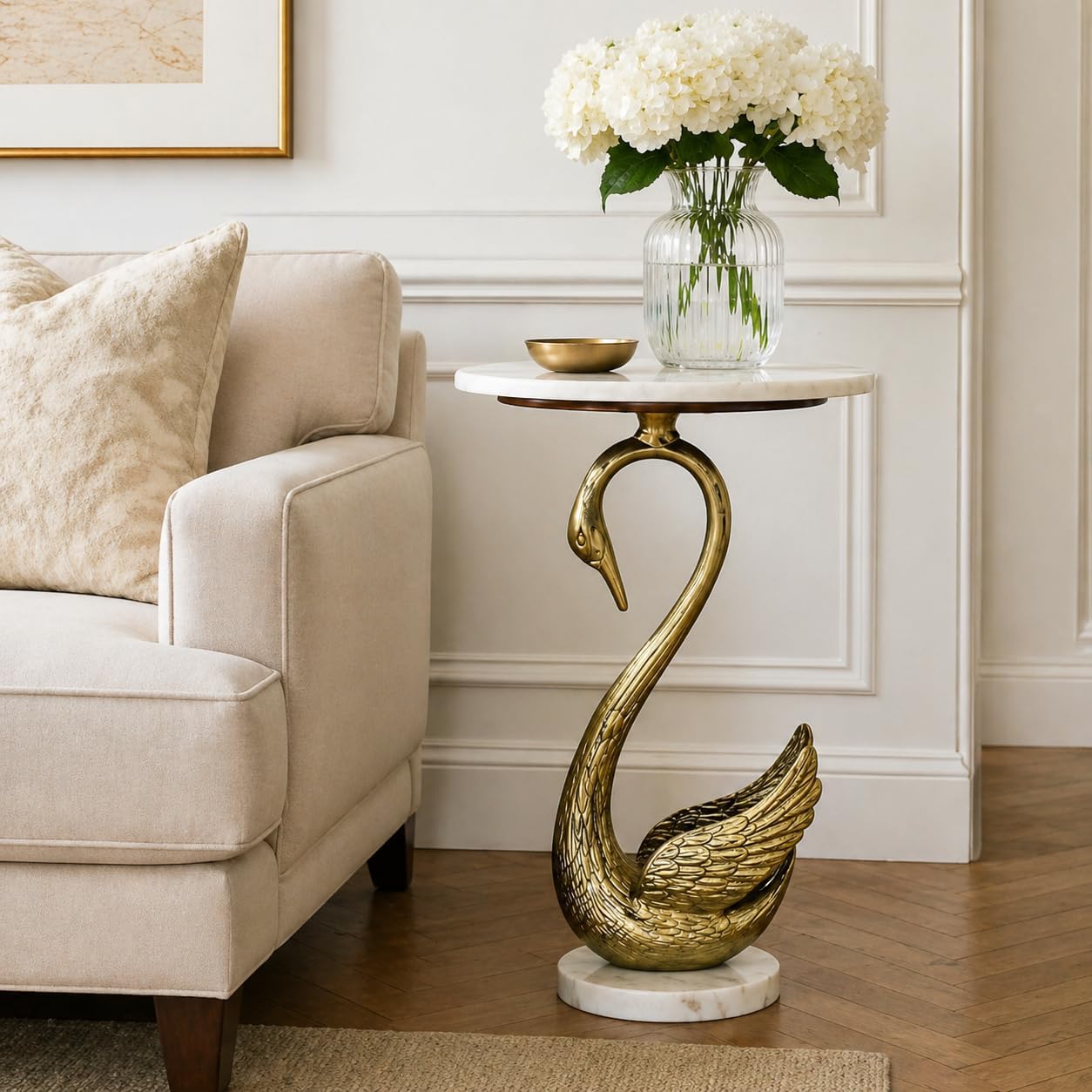 Swan Side Table with White Marble Top | Decorative Sculptural End Table | Aluminum Base | Gold Accent Table for Living Room | 16x16x23.75