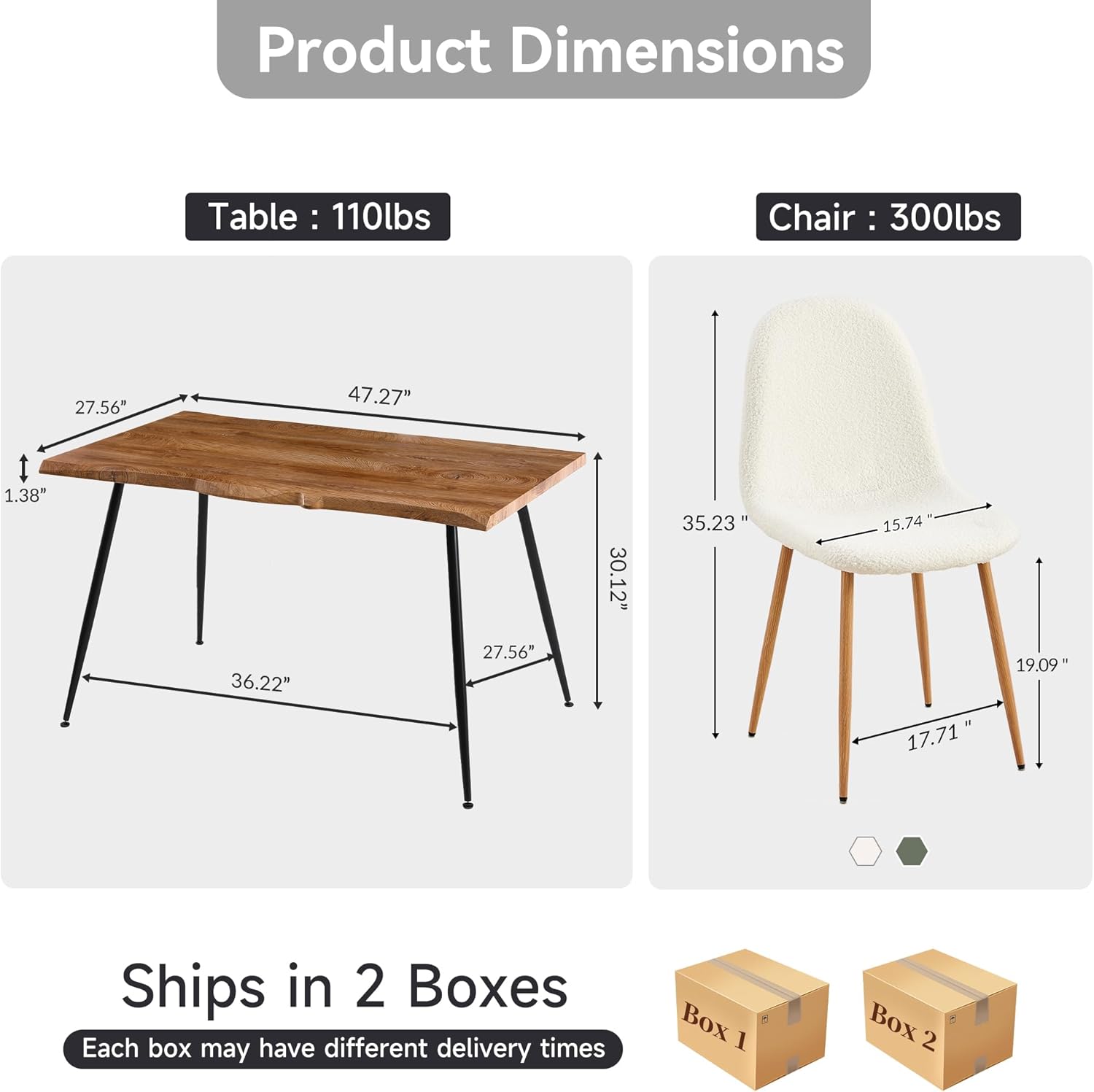 Howtek 5 Piece Dining Table Set, Modern Rectangular Kitchen Dining Room Table with 4 Teddy Fabric Dining Chairs, Space-Saving Kitchen Table Set for Apartment, Living Room, Small Space