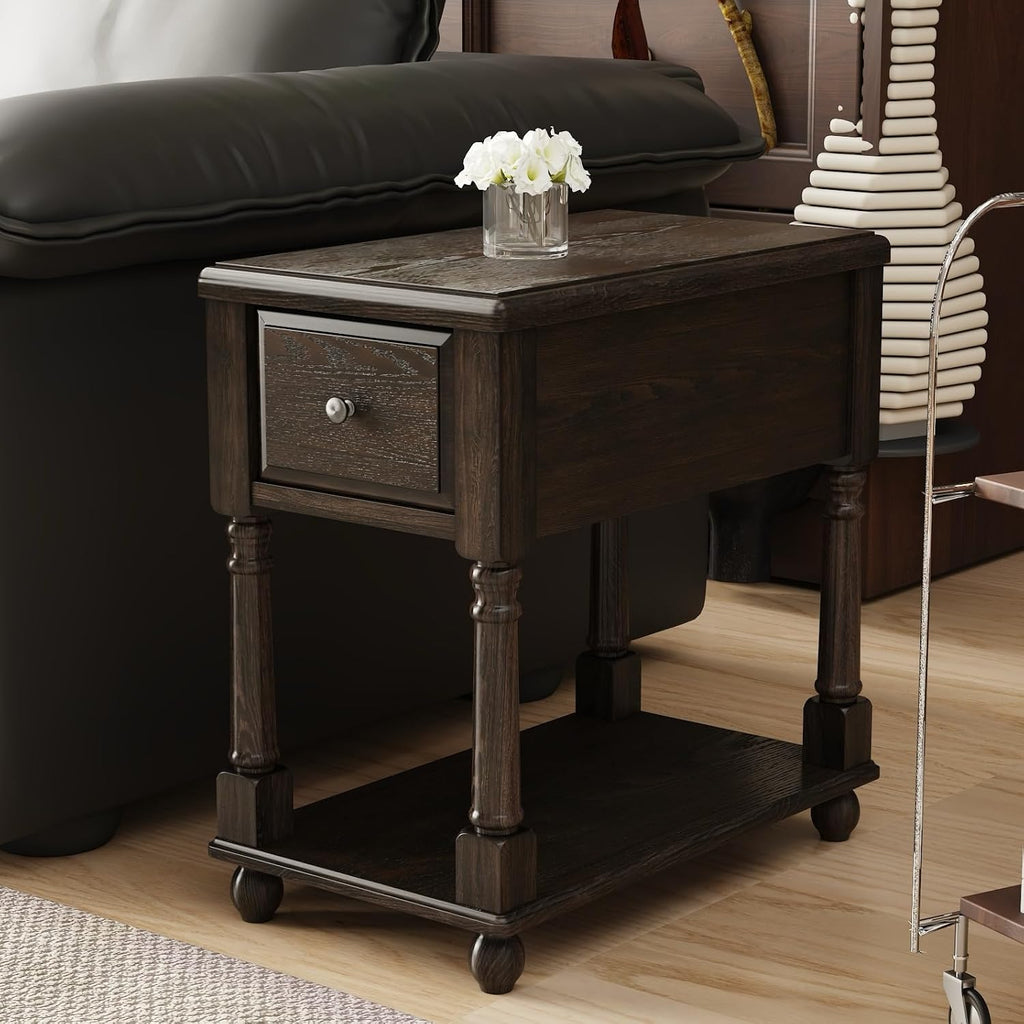 Narrow End Side Table with Drawer and Storage Shelf Set of 2, Solid Wood Sofa Tables, Slim Beside Table for Small Spaces, Living Room, 22"L x 13"W x 22.3"H No-tools Assembly Vintage Black BBJ004BK