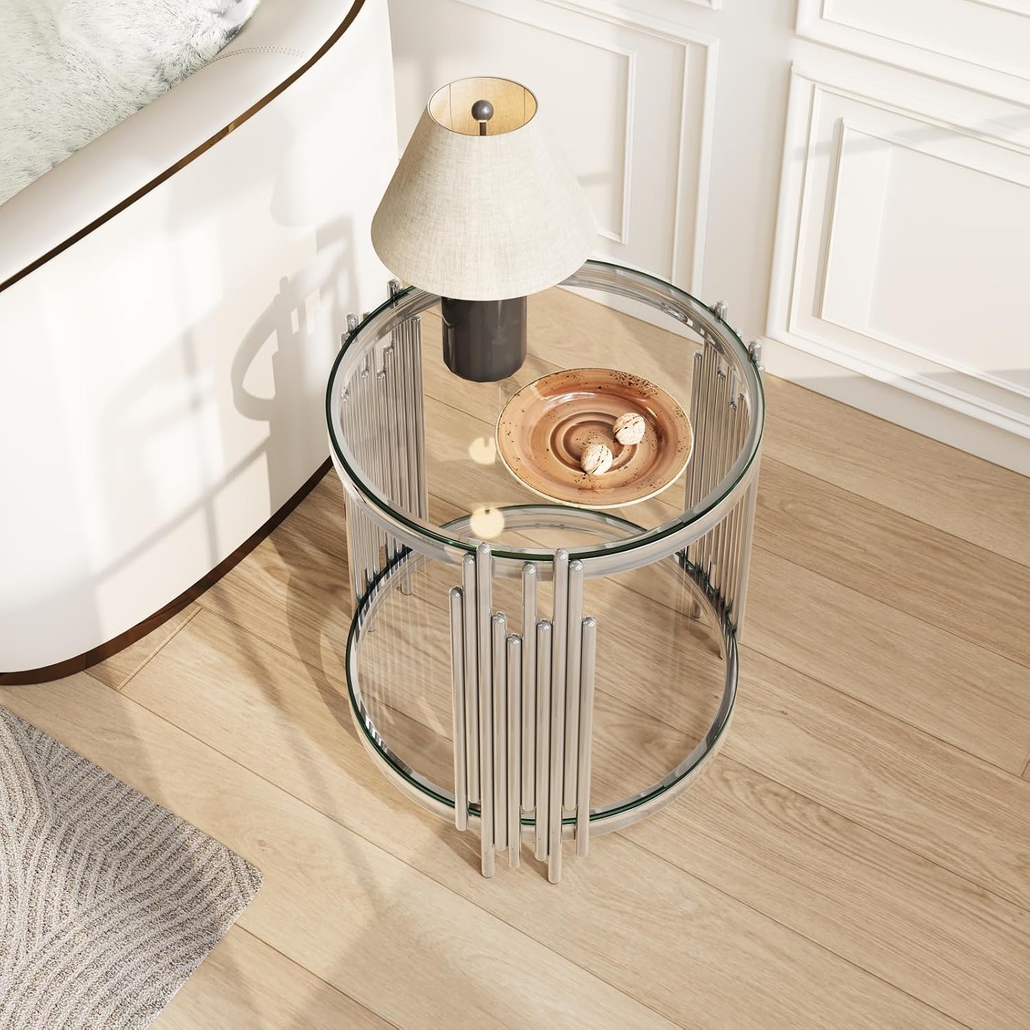 19.7" Luxury Round Silver End Table with 2-Tier Clear Tempered Glass Shelves, Modern Sofa Bedside Table for Living Room Bedroom Home Office, Polished Stainless Steel Frame