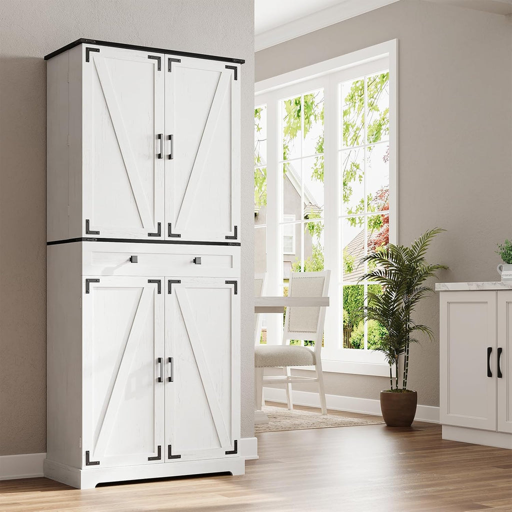 72" Kitchen Pantry Cabinet, Pantry Storage Cabinet with 8 Door Shelves and 3 Pull Out Shelves, Tall Pantry Cabinet with Adjustable Shelf and Large Drawer, Farmhouse Food Kitchen Hutch, For Dining Room