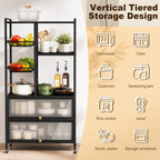 Kitchen Baker's Rack, Microwave Stand with Flip-up PC Doors, Freestanding Open Storage Shelves on Wheels, for Dining Room and Living Room, 31.4"x 12.6"x57.1"