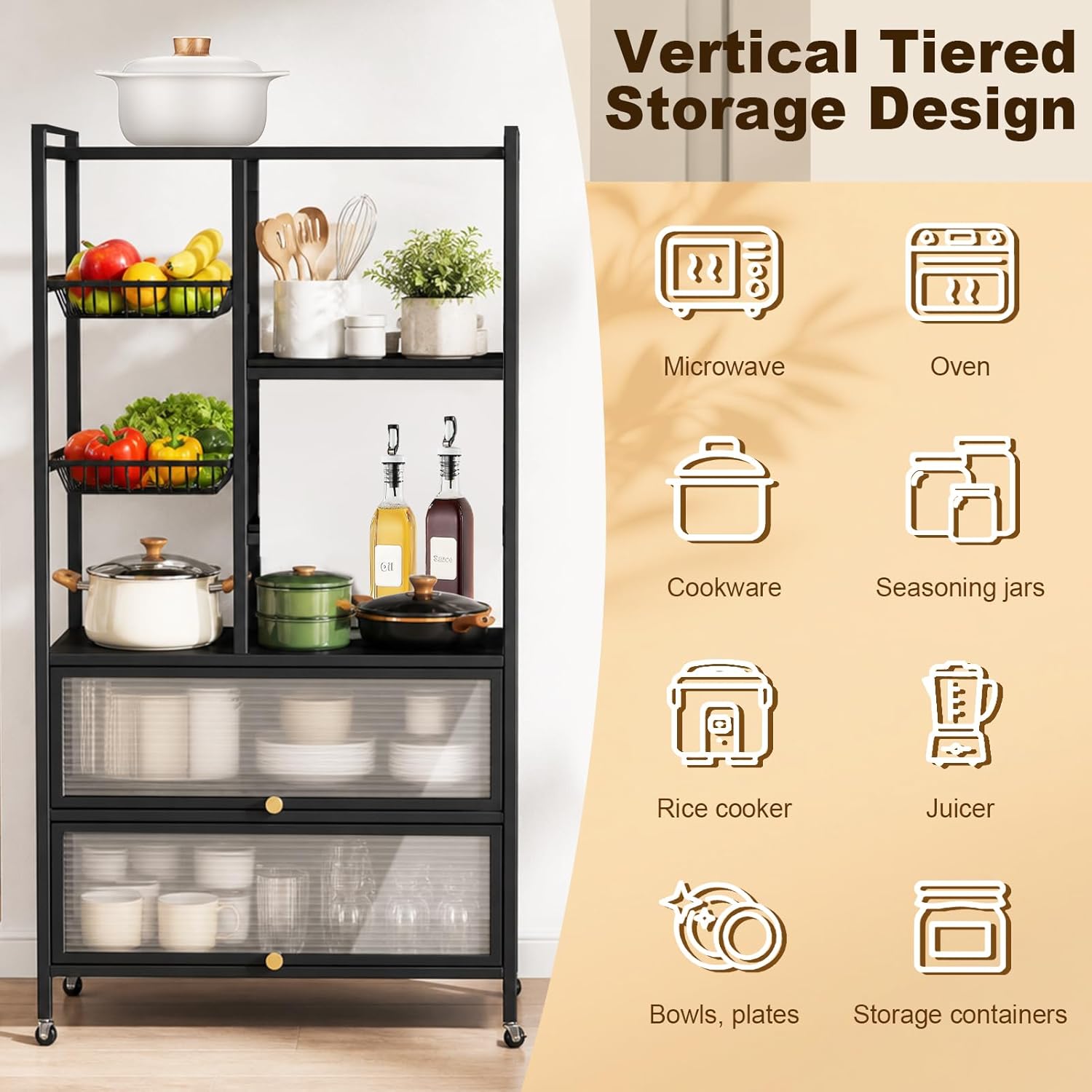 Kitchen Baker's Rack, Microwave Stand with Flip-up PC Doors, Freestanding Open Storage Shelves on Wheels, for Dining Room and Living Room, 31.4"x 12.6"x57.1"