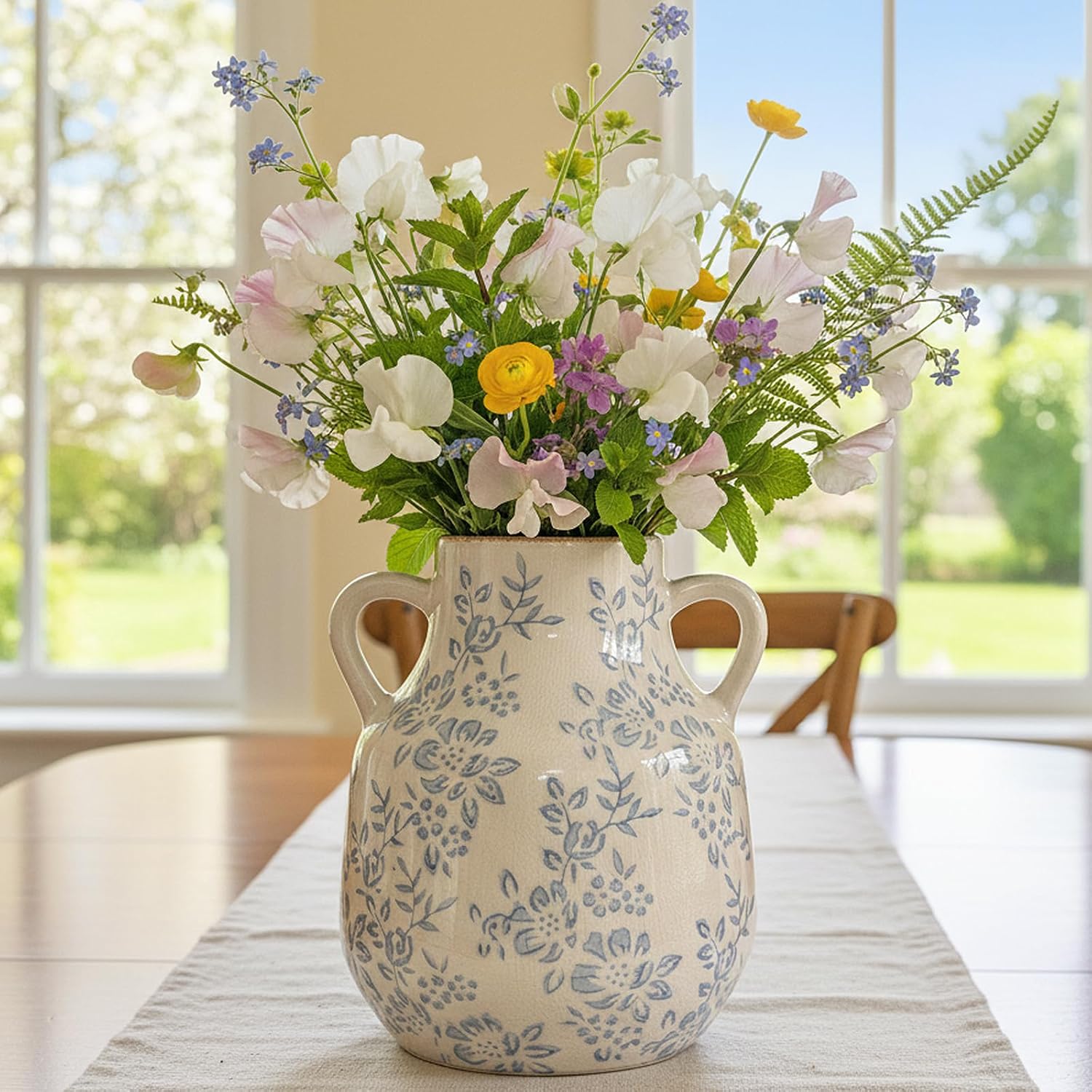 Ceramic Vase Vintage Flower Vase, Blue and White Chinoiserie Floral Decorative Vase, Rustic Retro Large Farmhouse Crackle Finish Vases with Handle for Flowers Home Decor Living Room, SoftBlue-02, 8.1”