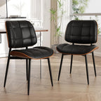 Dining Chairs Set of 2, Mid Century Modern Dining Room Chair, Upholstered Faux Leather Kitchen Chairs with Thick Cushion and Walnut Bentwood Back for Kitchen Dining Room, Black