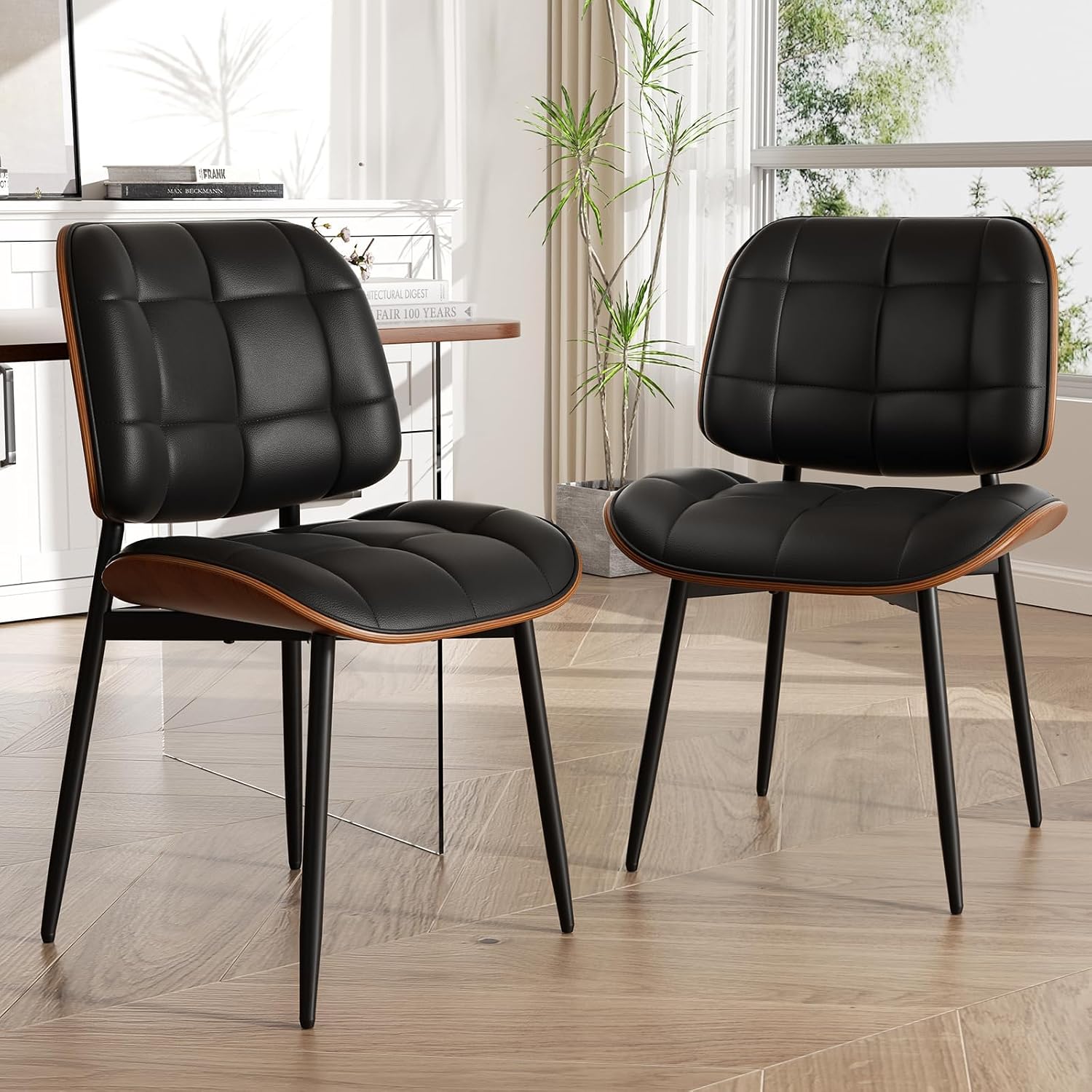 Dining Chairs Set of 2, Mid Century Modern Dining Room Chair, Upholstered Faux Leather Kitchen Chairs with Thick Cushion and Walnut Bentwood Back for Kitchen Dining Room, Black