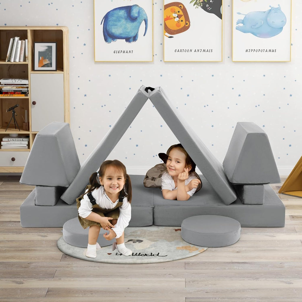 Costzon Kids Play Couch Sofa, Large Modular Folding Sofa Building Fort Playset with Handle, Machine-Washable Cover, Convertible Foam Cushion for Playroom Bedroom Boys Girls Gifts (10-Piece, Gray)