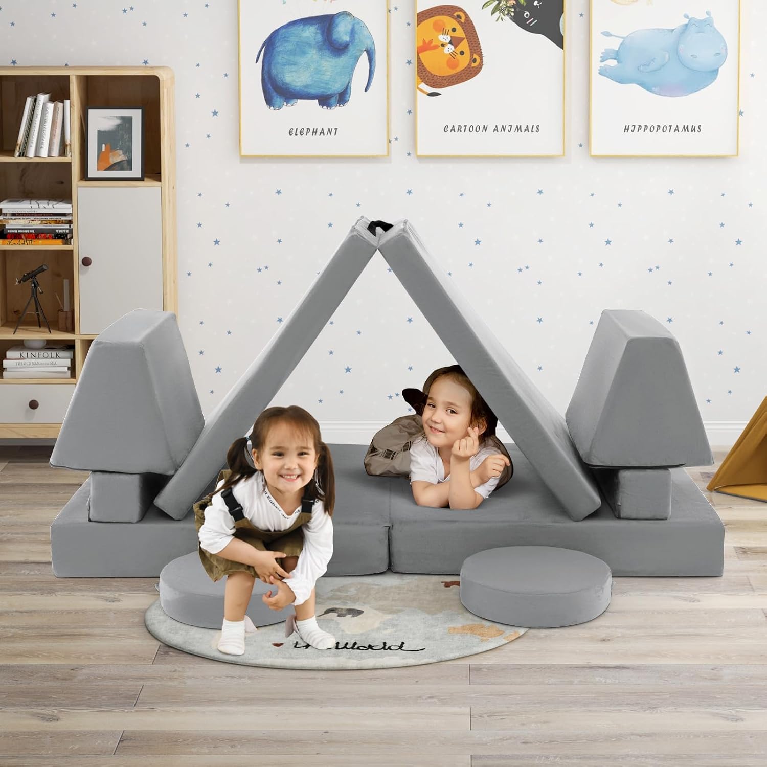 Costzon Kids Play Couch Sofa, Large Modular Folding Sofa Building Fort Playset with Handle, Machine-Washable Cover, Convertible Foam Cushion for Playroom Bedroom Boys Girls Gifts (10-Piece, Gray)