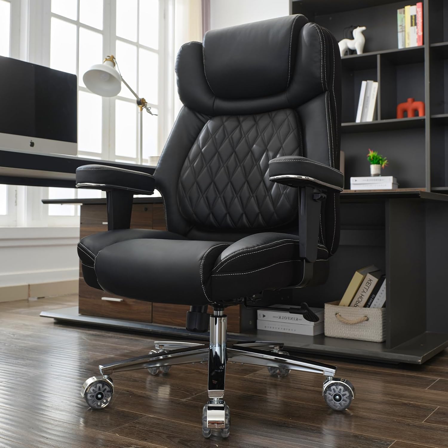 Big and Tall Office Chair 650lbs,Heavy Duty Office Chairs with Dual Rubber Wheels,Extra Wide Desk Chair,Adjustable Ergonomic Lumbar Support,High Back Rocking Computer Chair for Heavy People