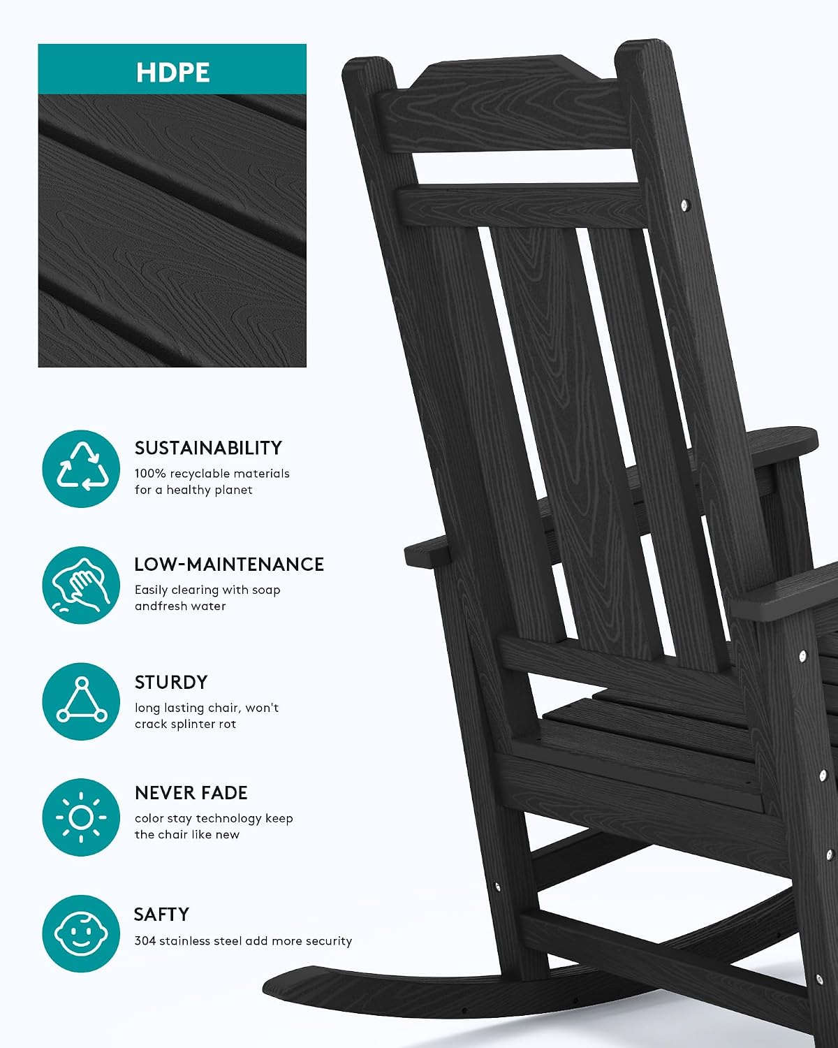 SERWALL HDPE Oversized Outdoor Rocking Chairs Set of 2, Patio Rocker, Black | Heavy Duty Front Porch Rocker, All Weather Rocking Chairs for Adults, Durable