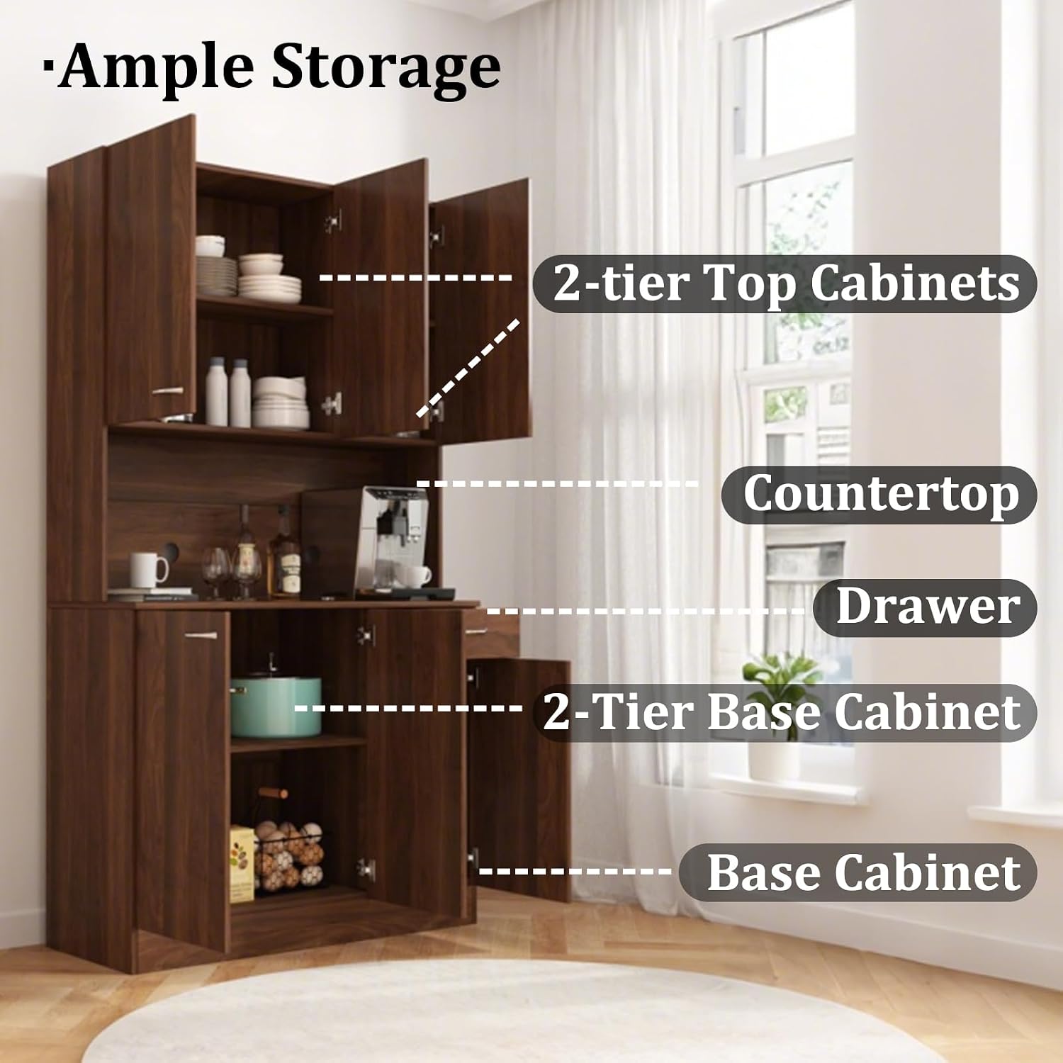 JOYSOURCE 71'' Large Kitchen Pantry Storage Cabinet with Hutch Tall Brown Freestanding Kitchen Cabinet Pantry Cupboard with 6 Doors 1 Drawer & Countertop for Food Farmhouse Walnut Finish
