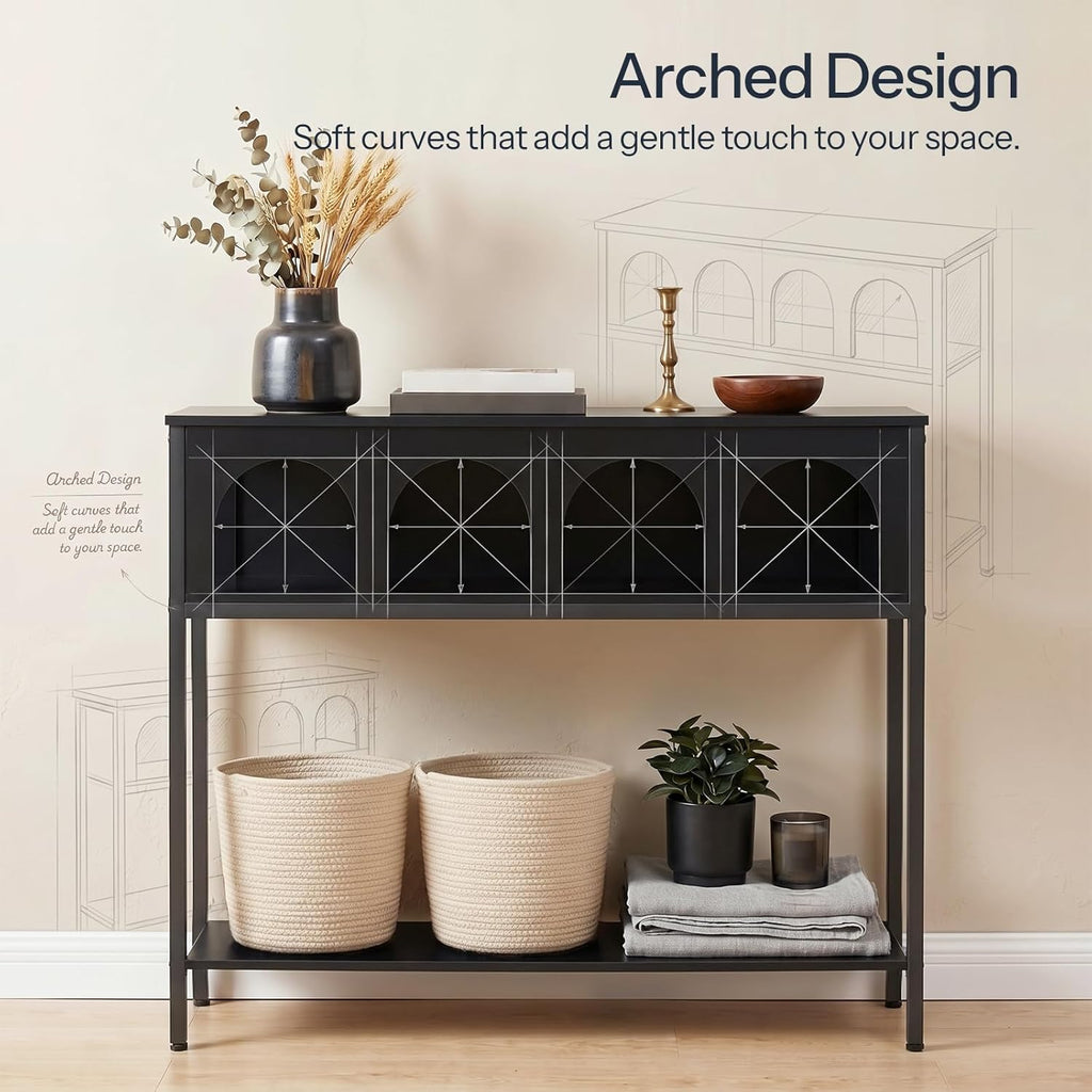 HOOBRO Narrow Console Table, Entryway Table with 3-Tier Storage, Sofa Table, Behind Couch Table with Arched Design for Living Room, Entrance, Hallway, Black BB106XG01