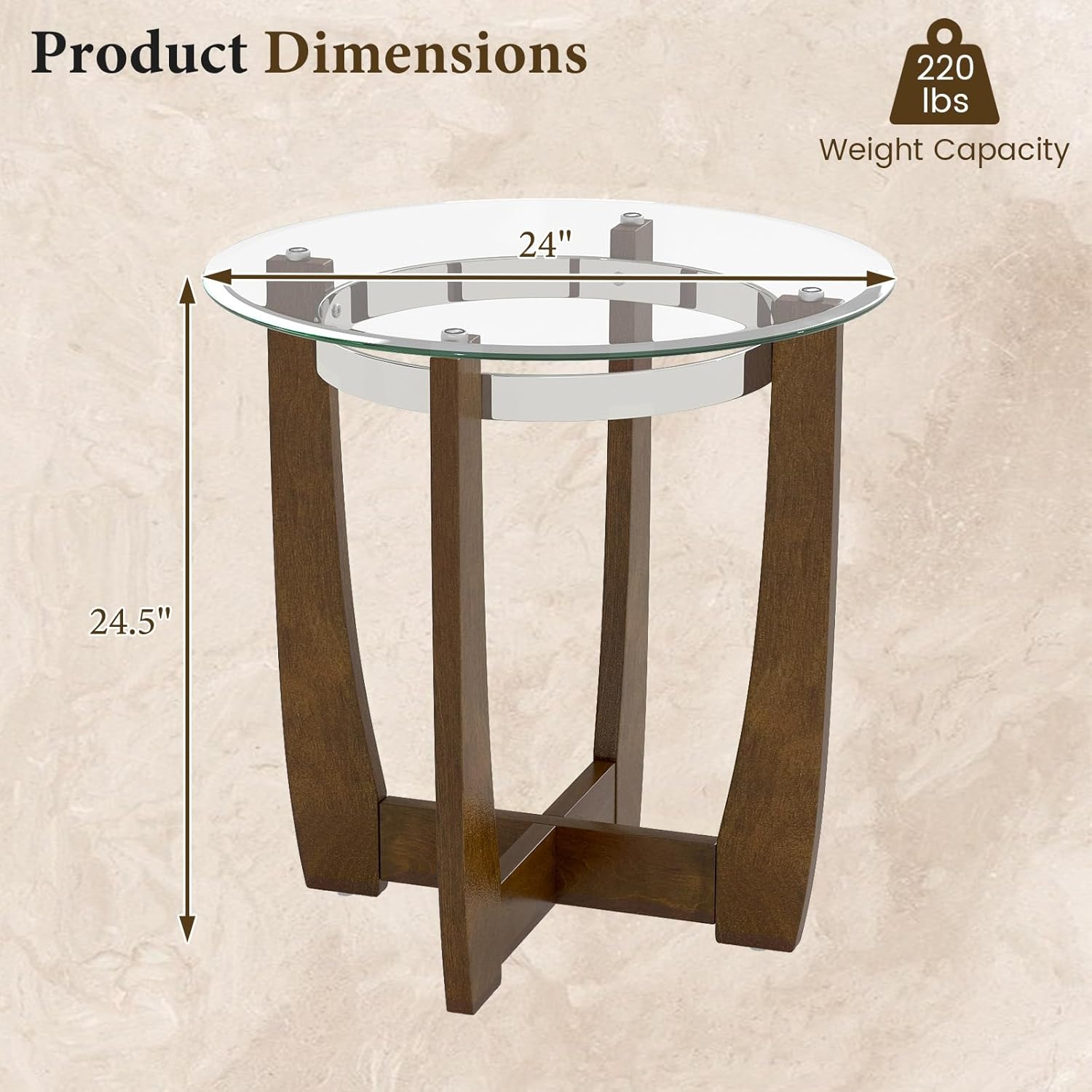 GOFLAME Glass End Table, 24” Round Sofa Side Table with Solid Rubber Wood Frame, Tempered Glass Top, Cross Base, Modern Circle Coffee Table for Living Room, Bedroom, Apartment, Walnut