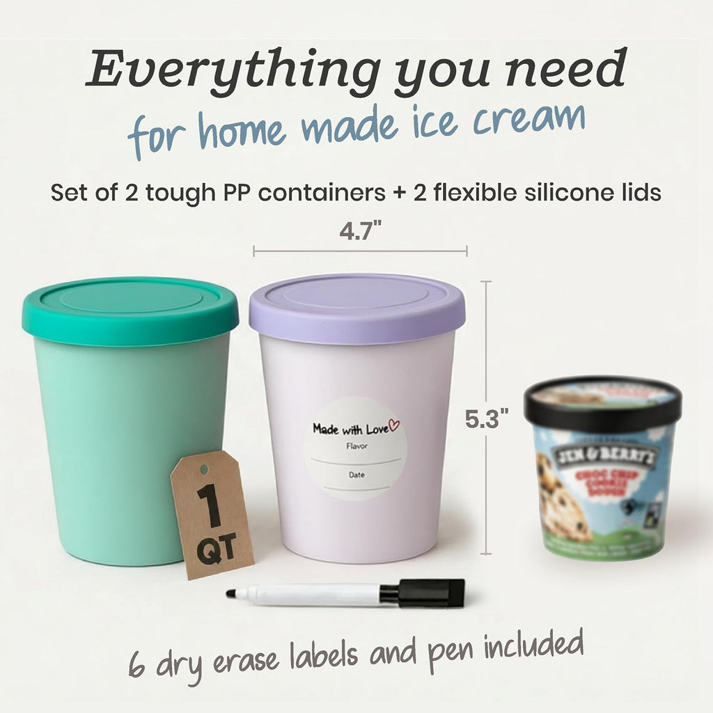 StarPack Freeze The Day Homemade Ice Cream Containers (2-Pack, 1 Quart) - Airtight Silicone Lids, BPA-Free Reusable Ice Cream Freezer Containers with Lids, Stackable, Lavender & Mint