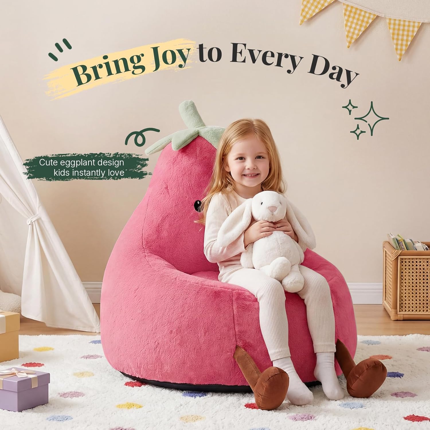 31" Kids Bean Bag Chair, Stuffed Toddler Couch with Faux Rabbit Fur Cover for Teens & Kids, Comfy Lazy Sofa Chair for Reader, Living Room, Bedroom, Aged 4-12 Years Rose Red