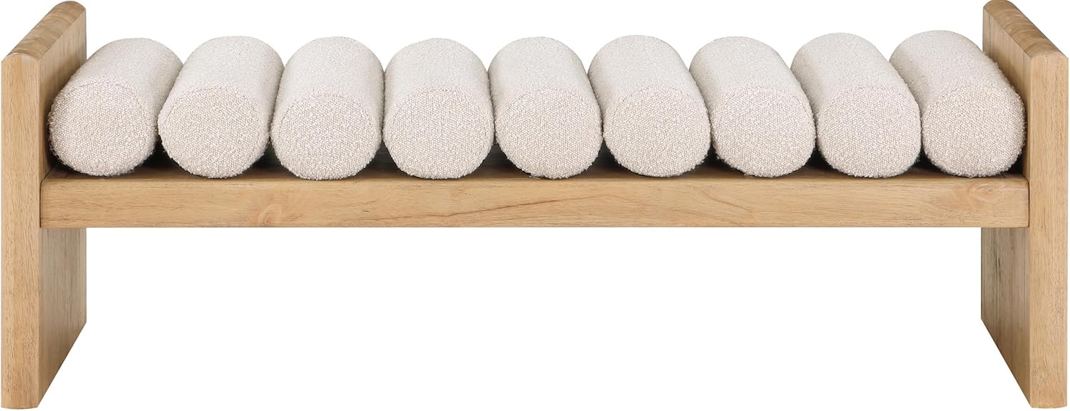 Meridian Furniture 179Cream Waverly Collection Modern | Contemporary Bench with Solid Wood Rich Natural Finish, Luxurious Cream Boucle Fabric, 52" W x 19" D x 18" H, Cream