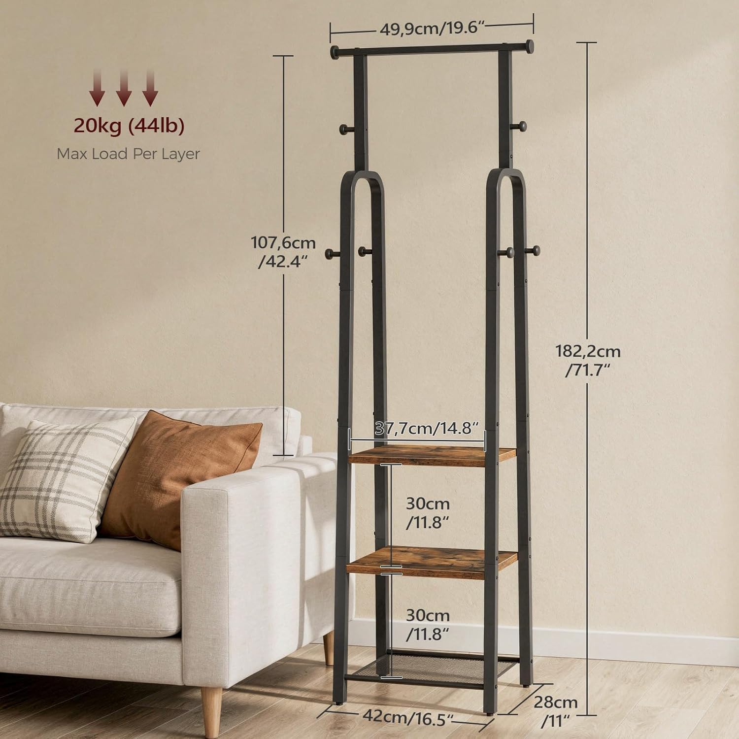 MAHANCRIS Coat Rack Freestanding, Hall Tree with 3-Shelves and 8 Hooks, Industrial Clothes Rack Stand Organizer for Entryway, Bedroom, Bags, Hats, Scarves, Rustic Brown and Black CRHR14901