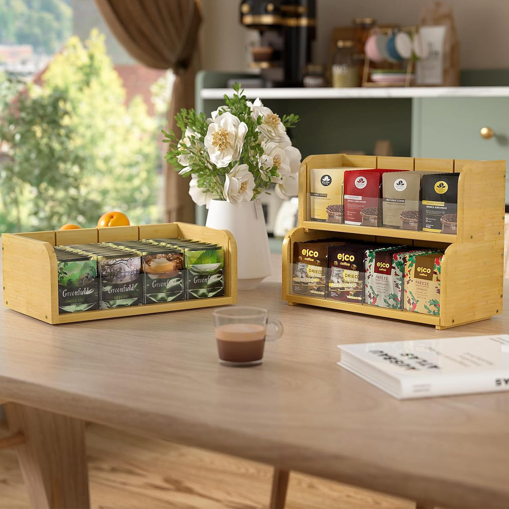 3 Layer Bamboo Tea Bag Organizer, Stackable Tea Storage Holder | Tea Storage Containers with Acrylic Dividers, FSC-certified Bamboo, Easy Assembly