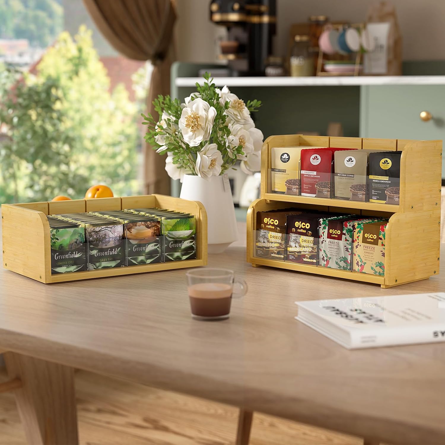 3 Layer Bamboo Tea Bag Organizer, Stackable Tea Storage Holder | Tea Storage Containers with Acrylic Dividers, FSC-certified Bamboo, Easy Assembly